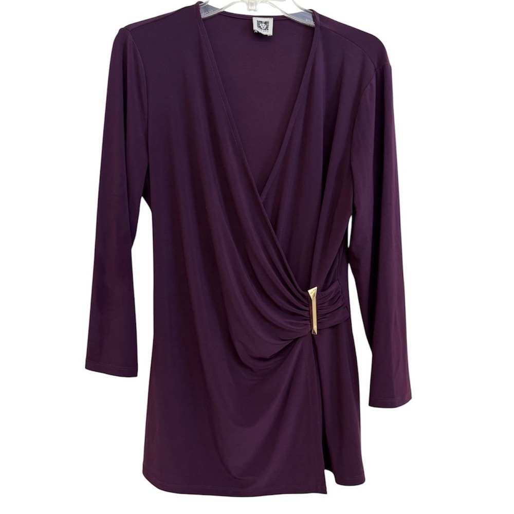 Anne Klein Purple Surplice Wrap Top Gold Hardware Accent Long Sleeve Blouse